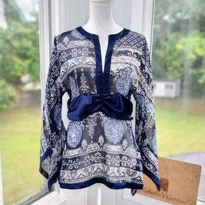 Rampage Navy Blue Satin Trim Sheer Print Waist Defined Bell Sleeve Tunic Top